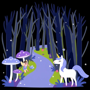 A winding forest path leads through a dense grouping of tall, slender trees with dark green leaves. Brightly colored glowing mushrooms in shades of blue and purple line the edges of the path, casting an enchanting light. Various mystical creatures, such as small fairies with delicate wings fluttering around and a gentle unicorn with a shimmering coat standing nearby, enhance the magical atmosphere. The ground is covered with soft moss and scattered leaves, contributing to the vibrant and lively scene.