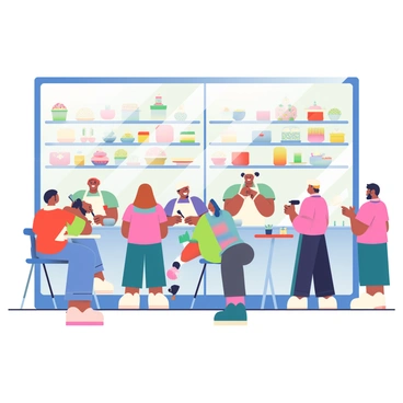 A cake shop with an open kitchen concept features large glass windows that allow customers to observe the bakers at work. Inside, several bakers with different skin tones are wearing white aprons and chef hats, focused on decorating cakes with vibrant icing and intricate designs. The kitchen is filled with various baking tools, such as mixing bowls, spatulas, and piping bags, neatly arranged on the countertops. Shelves behind the bakers display an array of colorful cakes and pastries, enticingly lit, showcasing their details. The atmosphere is lively, with customers of different ages gathered around, some seated at small tables, enjoying their treats while watching the baking process unfold.