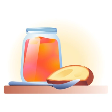 A glass jar filled with homemade orange jam is placed on a wooden table. The jam is a rich orange color, glistening in the light. Beside the jar, there is a slice of golden-brown bread, slightly toasted, with a crispy edge. A shiny stainless steel butter knife rests next to the bread, reflecting light with its polished surface. The background features a soft blur of warm, neutral tones, emphasizing the vibrant colors of the jam and bread.