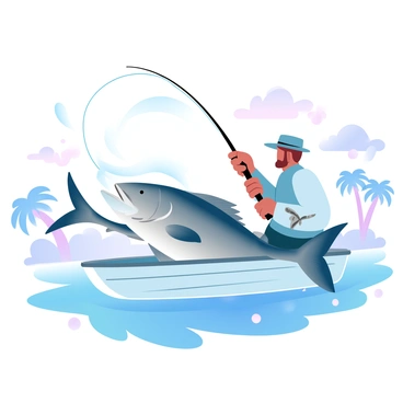A vintage fishing scene depicting a tarpon being caught by a fisherman on a small boat. The fisherman is wearing traditional 19th-century clothing, including a wide-brimmed hat and a long-sleeve shirt. The tarpon is large and glistening, splashing water as it is being pulled closer to the boat. The background features gentle waves and a distant shoreline, with a few palm trees swaying in the breeze. Soft, gradient pastel colors fill the sky, suggesting a serene evening atmosphere. A fishing rod is prominently displayed, with the line taut as the fisherman focuses on the catch.
