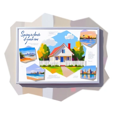 A vision board is prominently displayed, filled with images that represent various savings goals. At the center, there is a picture of a charming house with a white picket fence and a lush green lawn. Surrounding this image are pictures of exotic vacation destinations, including a tropical beach with crystal clear water, a picturesque mountain landscape, and a vibrant city skyline. Each image is carefully arranged to create an inspiring and motivating visual collage, with motivational quotes placed strategically among the images to encourage the viewer to pursue their dreams of home ownership and travel.