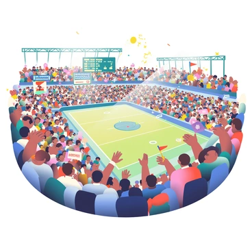A crowded sports arena is filled with cheering fans. The stands are vibrant, with fans wearing jerseys in various colors representing their teams. Some fans are waving flags and holding up signs that display encouraging messages. The atmosphere is electric, with some fans standing, clapping, and shouting in excitement. The arena has a large scoreboard displaying the game stats, and the field or court below is lit brightly, showcasing the action in progress. Streamers and confetti are visible in the air, adding to the festive environment.
