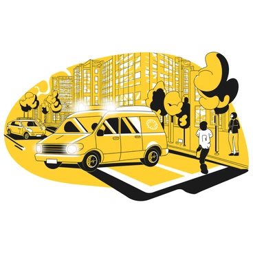 A medical transport van with flashing lights is speeding down a busy city street. The van has a distinct design, featuring a prominent medical symbol on the side. Surrounding the van, there are tall buildings with windows reflecting the action, and various pedestrians are seen on the sidewalk, some looking up in surprise. Traffic is dense, with cars and bicycles alongside the van, and a few trees are lined along the street, swaying slightly with the wind. The scene conveys a sense of urgency and movement as the van navigates through the bustling environment.