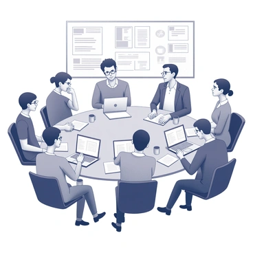 A round table surrounded by a diverse team of colleagues engaged in a brainstorming session. Each person is positioned around the table, with some leaning forward in thought while others are jotting down notes on notepads. Laptops are open in front of several individuals, displaying wireframe designs and text. A whiteboard in the background showcases various ideas and sketches related to the new contact form. The atmosphere is focused, with expressions of concentration on each face as they discuss and collaborate. Papers are strewn across the table, and coffee mugs are placed nearby, indicating a productive meeting environment.