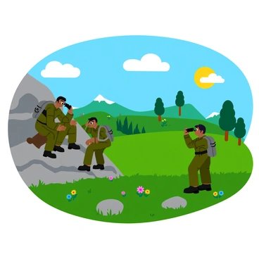 A small group of four soldiers wearing camouflage uniforms is crouched behind the edge of a rocky hilltop. They are peering through binoculars towards a distant enemy encampment visible in the valley below. The soldiers have different hairstyles and are equipped with various tactical gear, including backpacks and radio headsets. The background features a blue sky with fluffy white clouds, while the sun casts shadows across the rugged terrain. A few trees are scattered on the hillside, and the grassy area is dotted with small rocks and wildflowers.