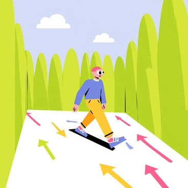 A small character with a round head and large eyes is walking through a colorful labyrinth. The character has a bright blue shirt and yellow pants, with oversized shoes. The ground is adorned with painted arrows in vibrant colors, showing the direction the character should follow. Surrounding the character are tall, green hedges that form the walls of the labyrinth, creating a sense of adventure. The sky above is a clear blue, with a few fluffy white clouds. The character looks determined as they navigate the twists and turns of the maze.