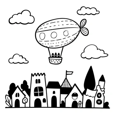 An airship floating gently above a whimsical town, its shape resembling a giant balloon. Below, there are charming houses with unique architectural designs, including turreted roofs and winding pathways. The sky is filled with fluffy clouds, each shaped distinctly like various animals such as a rabbit, a cat, and a dog. The airship features intricate patterns on its exterior, and the town is busy with whimsical activity, such as small figures walking along the cobblestone streets.