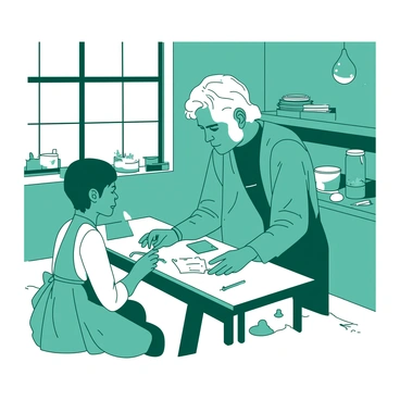 A teal mature mentor with silver-streaked hair is leaning over a wooden workbench, demonstrating a traditional craft technique to a young apprentice. The apprentice, who has short brown hair and is wearing a simple apron, is attentively observing the mentor's hands as they skillfully manipulate a piece of raw material. The workshop is filled with various tools and materials, including stacks of colored paper and jars of paint. Light streams in through a large window, casting soft shadows across the work area. The mentor is pointing towards a finished piece displayed on a nearby shelf, showcasing the craftsmanship involved in the traditional craft.