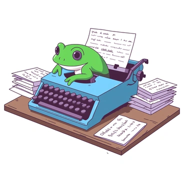 A green toad is sitting on a vintage typewriter, focused on the keys in front of it. The typewriter is painted in a rich shade of blue, with shiny keys reflecting light. Surrounding the toad, there are multiple piles of handwritten notes scattered across a wooden desk. Each note features various handwritten texts and doodles, adding to the scene's charm. The toad has big, bulging eyes that seem to be deep in thought as it prepares to type.