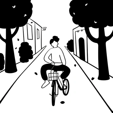 A person riding a bicycle along a tree-lined street, with lush trees casting shadows on the ground. The bicycle has a classic design, with a basket attached to the front. The street is paved, lined with buildings on either side, and there are scattered leaves on the pavement. A few small birds are perched on the branches above, and the scene conveys a sense of motion as the cyclist pedals forward.