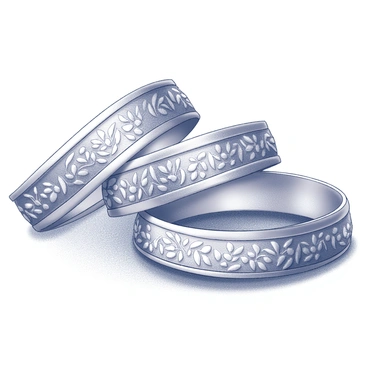 A collection of silver choora bangles displayed together. Each bangle features intricate carvings that showcase detailed floral and geometric patterns. The bangles vary slightly in size, creating an elegant arrangement. The shiny surface reflects light, highlighting the craftsmanship of each piece. They are positioned on a simple, textured surface, emphasizing the elegance and complexity of the carvings.
