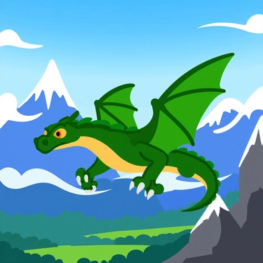 A majestic dragon with shimmering emerald scales is soaring above tall, rugged mountain peaks. Its wings are stretched wide, displaying intricate patterns resembling leaves. The dragon's fiery orange eyes are focused intently on the landscape below. Wisps of white clouds drift around the jagged summits, contrasting with the deep blue sky. The sunlight reflects off the dragon's scales, creating a dazzling display of colors. In the distance, patches of lush green forests can be seen nestled in the valleys below.