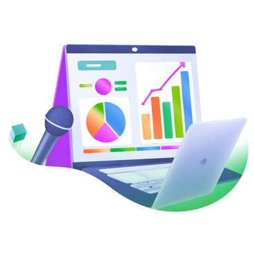 A digital slide displayed on a screen during a webinar. The slide features several colorful graphs, including a pie chart in shades of blue, green, and red, a bar graph with vertical bars of varying heights in bright colors, and a line graph that shows a rising trend with a smooth, flowing line. The background of the slide is a soft light color, enhancing the vivid colors of the graphs. In the foreground, there's a microphone and a laptop, suggesting an interactive presentation.