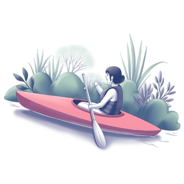 A person is seated in a kayak. The kayak is shaped sleekly with a bright red exterior. The individual is dressed in a life jacket, paddling with a long oar. Lush greenery surrounds the kayak, with various trees and plants visible in the background. The scene captures the person's focused expression as they navigate through the water amidst the vibrant foliage.