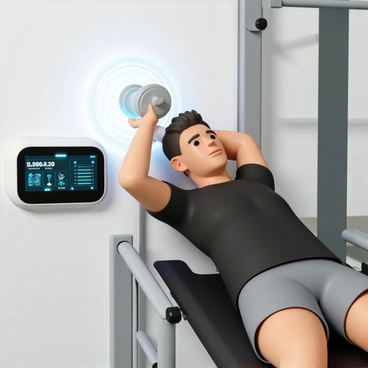 A sleek, futuristic fitness gadget is mounted on a gym bench, displaying various metrics and instructions. The gadget features a smooth touch screen with glowing interfaces. Next to it, a person, wearing a fitted black workout shirt and gray shorts, is lying on the bench. They hold a silver dumbbell above their chest, focusing intently on their form. The gadget emits soft lights while providing real-time feedback on their posture, ensuring they perform a correct dumbbell pullover. The gym environment is modern, with high-tech equipment and a large mirror reflecting the scene.