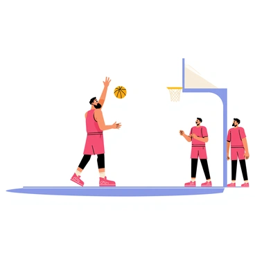 A basketball player wearing a red jersey is shooting a basketball from the half-court line. The player has a focused expression, with their arm extended and the ball soaring through the air. In the background, two teammates in matching red jerseys are watching intently, their eyes fixed on the ball. The court is marked with white lines, and the hoop is visible in the distance. The scene captures the intensity and excitement of the moment.