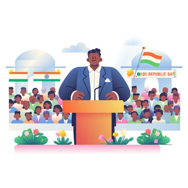 An orator with dark skin and neatly styled black hair is standing behind a wooden podium, delivering an inspiring speech. The podium is decorated with a small flag. The orator is wearing a formal navy blazer and a crisp white shirt. In the background, a large audience is attentively listening, some holding small flags. Brightly colored banners celebrating Republic Day hang from nearby structures. The sky is clear with a few fluffy clouds. In the foreground, vibrant flowers in pots add color to the scene.