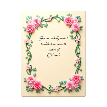 A wedding invitation featuring intricate floral motifs in soft pastel colors. The invitation has a decorative border adorned with blooming roses, delicate lilies, and intertwined vines. The text on the invitation reads "You are cordially invited to celebrate the union of [Names]" in elegant script. The background is a subtle cream color that enhances the vibrancy of the floral elements. The overall composition is balanced and refined, reflecting a sense of elegance and romance.