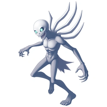 A ghoul standing in a fierce battle stance. The figure is poised with muscular limbs and an aggressive posture, ready to strike. The kagune extends dramatically from the back, resembling a series of sharp, menacing appendages that are coiled and prepared for an attack. The ghoul's facial expression is intense, showcasing sharp teeth and glowing eyes that convey a sense of ferocity. The surrounding area is filled with tension, emphasizing the imminent action of the scene.