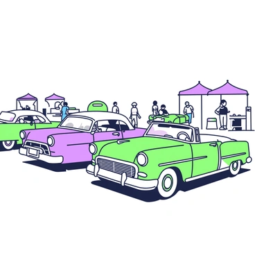 An open-air car show is taking place in a spacious area. Various 1950s cars are on display in neat rows. A shiny green convertible with chrome details is parked next to a purple coupe featuring distinctive tailfins. In the background, a bright green car with a rounded body style stands out. The cars are positioned on a smooth surface, with people walking around, admiring the vehicles. A few tents are set up nearby, where vendors sell refreshments. The setting is illuminated by sunlight, creating an inviting atmosphere for car enthusiasts.