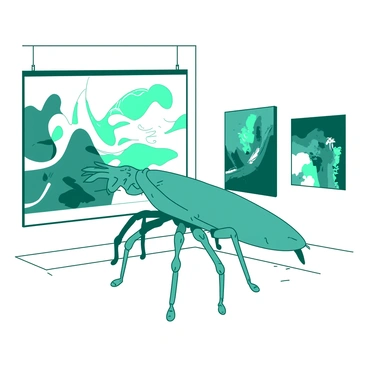 A teal giant insect resembling Gregor Samsa stands in an art gallery, its numerous legs poised on the polished white floor. The insect stares intently at a large abstract painting hanging on the wall, filled with bold and swirling shapes. To its right, another abstract piece features splashes of color and dynamic lines, drawing the insect's attention. The gallery is filled with soft white light, highlighting the textures of the paintings. In the background, additional artworks in various frames are visible, creating a vibrant atmosphere.