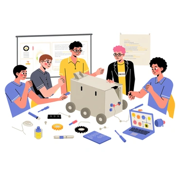 A group of five students is gathered around a large table in a bright classroom. They are focused on assembling a silver robot with various mechanical parts, including wheels and sensors. One student, wearing glasses, is holding a screwdriver, while another is connecting wires. A laptop is open on the table, displaying colorful code and diagrams. Various tools and robot parts are scattered across the table, including gears and circuit boards. In the background, a poster on the wall displays the competition logo and details. The students are engaged and collaborating, showcasing teamwork and excitement for their project.