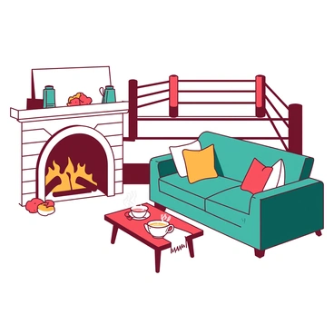 A cozy living room features a crackling fireplace with orange flames creating a warm glow. The fireplace is surrounded by a white stone mantel, where various decorative items are placed. In the background, there is a boxing ring with red ropes and a white canvas, contrasting with the living room's inviting atmosphere. A comfortable teal sofa is arranged in front of the fireplace, adorned with colorful pillows. A small wooden coffee table with a steaming cup of tea sits in the center of the room, completing the scene.