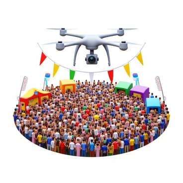 A big drone flying above a large festival crowd. The drone is equipped with a high-resolution camera. The crowd below is celebrating, with people wearing colorful attire and holding flags. There are various tents and food stalls scattered throughout the area. Brightly colored banners are hanging in the air, and decorations can be seen around the venue. The scene is filled with excitement and activity, showcasing the vibrancy of the festival.