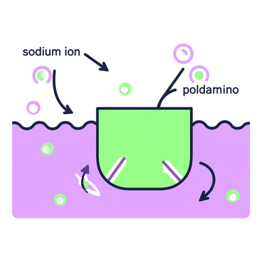 An illustration of the sodium-potassium pump with ions in motion. The pump is depicted as a rectangular structure embedded in a cell membrane. On one side of the pump, there are "sodium ions" represented by small circles, and on the opposite side, there are "potassium ions," also represented by small circles. The sodium ions are shown moving away from the pump while the potassium ions are moving towards it. Arrows illustrate the direction of movement, creating a dynamic flow. The background is a simple representation of the cell membrane, providing context for the movement of ions.