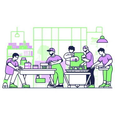 A factory interior filled with activity, showcasing a diverse group of workers engaged in the production of goods. On the left, a worker with dark hair and glasses is assembling components on a table. Next to them, a worker wearing a cap and a blue shirt is operating a machine, focused on their task. In the background, a woman with curly hair is inspecting finished products on a conveyor belt. Near the center, a man with a beard is packing items into boxes. The factory has large windows allowing light to stream in, and various tools and materials are visible on the shelves around them.