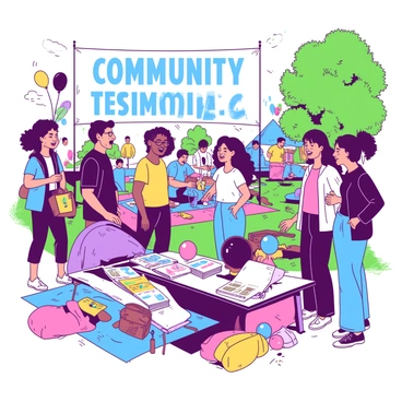 A vibrant scene depicts a community event in a park setting. In the foreground, a group of diverse individuals stands in a circle, sharing their testimonials about a local business. Each person has an expressive demeanor, conveying excitement and enthusiasm as they speak. Nearby, a table is set up with colorful flyers and brochures representing the local business. Balloons in various colors are tied to the table, adding to the festive atmosphere. In the background, a banner displays the words "Community Testimonials" in bold letters. People of different ages and backgrounds are seated on picnic blankets, attentively listening and engaging with one another. The sun is shining brightly, enhancing the lively ambiance of the event.