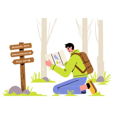 A backpacker wearing a green jacket and a brown hiking backpack is paused in a forest clearing. They are kneeling on one knee, holding a folded map in their hands, studying the details intently. Beside them stands a rustic wooden signpost, with several directional arrows pointing in different directions, each labeled with painted names of nearby towns and trails. The ground around them is covered in patches of green grass and small rocks, while tall trees with thick trunks loom in the background, their leaves creating a natural canopy overhead.