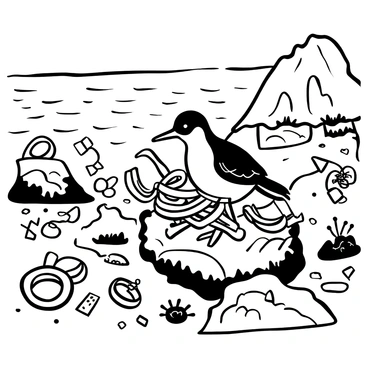 A sea bird with detailed feathers is entangled in colorful plastic rings on a rugged rocky coastline. The rocky surface is textured with crevices and patches of seaweed. The ocean waves crash against the rocks in the background, adding to the scene's dynamics. The bird is perched awkwardly, attempting to break free from the plastic. Various pieces of debris are scattered around, illustrating the impact of pollution on the environment.