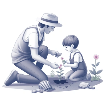 A father and child are kneeling in a garden, surrounded by soil and gardening tools. The father, wearing a sun hat, is holding a small trowel as he digs a hole in the earth. The child, with a look of concentration, is holding a colorful flower seedling. The garden is filled with various plants, and there are some gardening gloves lying nearby. The scene conveys a sense of teamwork and nurturing as they work together to plant the flowers.
