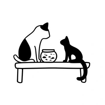 A black-and-white cat sitting on a wooden table, its body slightly leaning forward as it focuses on a round fish bowl in front of it. Inside the fish bowl, several small fish swim actively, creating ripples in the water. The cat's tail is curled, and its paws are positioned on the edge of the table, showing its curiosity. The background features a simple interior, enhancing the contrast of the cat and the fish bowl.