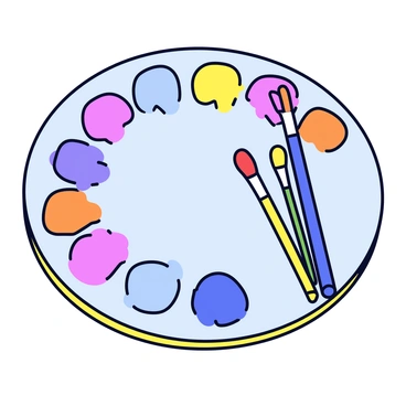 A round artist’s palette with a variety of bright colors displayed in distinct sections. Each section has paint smudges blending into one another. Several paintbrushes of different sizes are resting on the palette, with some having colorful bristles and others showing signs of use with paint on the handles. The palette is placed on a light wooden surface.