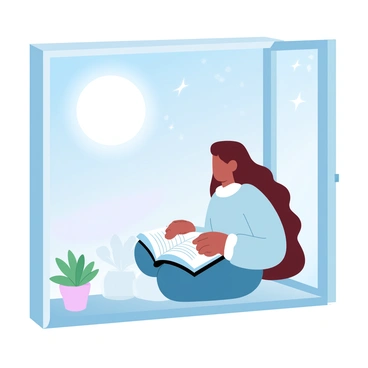 A young girl with long hair is sitting on a windowsill. She is wearing a cozy sweater and has a book open in her lap. The moonlight is casting a soft glow around her, illuminating the pages of the book. The background features a night sky filled with twinkling stars. The window frame is detailed, with a few potted plants placed on the sill beside her. The overall scene conveys a sense of wonder and tranquility.