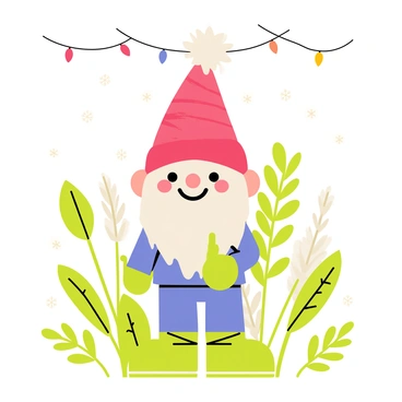 A garden gnome with a fluffy red hat stands cheerfully among frost-covered green plants. Delicate white frost clings to the leaves and stems, creating a sparkling effect. Soft, multicolored twinkling lights are strung above the gnome, casting a warm glow on the scene. The gnome has a rosy cheeked face and a big smile, holding a small watering can. The background is filled with various plants, all touched by the frost, adding to the enchanting winter atmosphere.