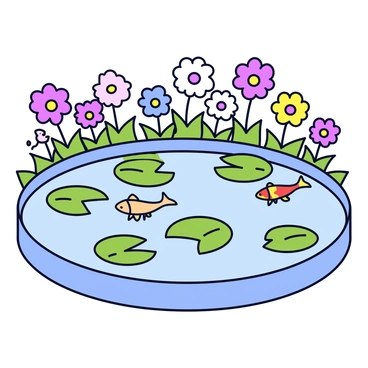 A garden with vibrant flowers in various colors surrounding a tranquil pond. The pond is filled with colorful koi fish swimming gracefully beneath green lily pads. The lily pads float on the water's surface, creating a peaceful ambiance. The sunlight reflects off the water, enhancing the lively colors of the fish.