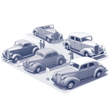 A collection of antique cars arranged in a display. Each car has distinctive vintage features, such as large chrome bumpers, round headlights, and intricate grille designs. The vehicles are parked on a smooth surface, possibly asphalt or concrete, allowing the details of their craftsmanship to stand out. People are walking around the display, admiring the cars and taking pictures. The setting includes informational placards next to each car, providing details about their make and model. The atmosphere reflects a celebration of automotive history and design.