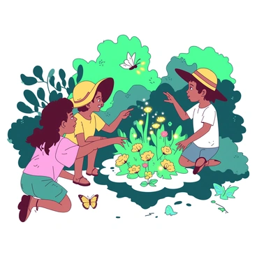 A group of children are kneeling in a vibrant secret garden filled with magical plants and tiny fairies. The children are diverse in appearance, wearing colorful clothing and wide-brimmed hats. One child has their hands outstretched, a look of wonder on their face as they spot a small fairy with iridescent wings hovering near a bright yellow flower. Another child is pointing excitedly at a cluster of luminescent plants that glow softly in the dim light. The scene is lively, with butterflies fluttering around and the leaves of the plants swaying gently in a light breeze. In the background, lush greenery encircles the garden, creating an enchanting, secluded atmosphere.