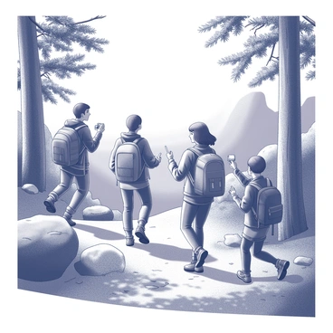 A group of four friends is hiking along a scenic trail surrounded by tall trees and lush foliage. Each friend is carrying a backpack, and they are wearing hiking boots and outdoor clothing. One friend is holding a camera, capturing the beautiful landscape, while another is pointing at a distant view, sharing excitement about the scenery. The path is winding, with a mixture of dirt and stones, and sunlight filters through the branches above, creating dappled patterns on the ground. In the background, there are rocky formations and a hint of distant mountains.