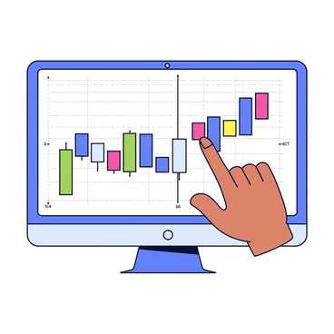 A computer screen displays a detailed candlestick chart filled with various colored candlesticks representing price movements over time. The chart features a grid background with labeled axes indicating time and price. A trader's hand is hovering just above the screen, with fingers slightly curled as if preparing to interact with the chart. The hand is positioned on the right side of the screen, showcasing a natural skin tone. The overall scene conveys a focus on trading activity and market analysis.