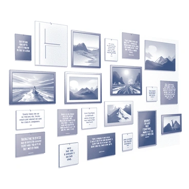 A wall filled with various inspiration images, sketches, and quotes. The images include landscapes, portraits, and abstract designs, each framed or pinned to the wall in a variety of sizes. The sketches display a range of artistic styles, from detailed pencil drawings to loose ink illustrations. The quotes are displayed in different fonts and sizes, some handwritten, others printed, all emphasizing motivational messages. The arrangement is dynamic, with overlapping elements creating a collage-like effect.