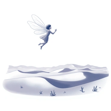 A fairy with delicate, translucent wings shaped like sunbeams is hovering in the air. The wings are detailed, with intricate patterns that catch the light. Below her spreads a vast desert landscape, characterized by rolling sand dunes that create a rhythm in the terrain. Sparse vegetation like cacti and small shrubs dot the sandy expanse. The sky above is expansive and clear, providing a sense of openness and adventure. The fairy is gazing curiously at the distant horizon, where the dunes meet the sky.