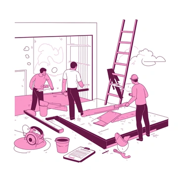 A group of skilled craftsmen are actively engaged in home renovations. A tall, sturdy ladder is positioned against a partially painted wall where one craftsman is carefully applying a coat of white paint. Another craftsman is using a measuring tape, ensuring that the new wooden beams are perfectly aligned. A third craftsman is sanding a wooden surface, creating clouds of fine dust that float through the air. Scattered around the area are various tools, including a circular saw, paint buckets, and planks of wood. In the background, there is a clipboard with paperwork indicating it has been funded by a loan, reflecting the financial support for the renovation project. The atmosphere is busy and focused as the craftsmen work together to transform the home.