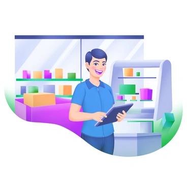 A modern pastel illustration featuring a cheerful sales person with short hair and wearing a bright blue uniform, smiling broadly while holding a sleek tablet. The sales person stands in a well-lit, contemporary store, surrounded by neatly arranged merchandise. Colorful shelves filled with various products line the background, and a large window lets in natural light, enhancing the inviting atmosphere.