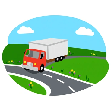 A large moving truck with a bright red and white exterior is driving down a winding country road. The truck is viewed from a slight angle, showcasing its cargo area and the driver's cabin. Lush green fields stretch out on both sides of the road, dotted with wildflowers in shades of yellow and purple. A clear blue sky with a few fluffy white clouds fills the background, adding to the sense of an expansive, open landscape. The road curves gently, guiding the viewer's eye along the scenic route.