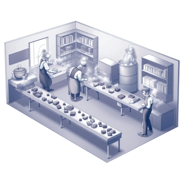 An interior view of a chocolate factory filled with activity and movement. Several conveyor belts stretch across the room, each loaded with various types of candies, including chocolate bars and truffles. Workers in aprons and hairnets are engaged in different tasks, overseeing the production process. Machines are visible, mixing and molding the chocolate, emitting steam and the scent of cocoa. Shelves filled with ingredients and packaged products line the walls. The atmosphere is lively, with sounds of machinery and chatter among the staff.