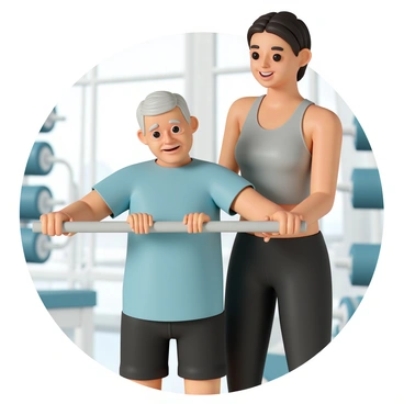 An elderly person, wearing a light blue t-shirt and black athletic shorts, is performing assisted chest dips. They are gripping a sturdy exercise dip bar while bending their arms at the elbows. A supportive trainer, dressed in a grey tank top and black leggings, stands closely beside them, providing assistance by holding their waist. The trainer has an encouraging expression, focused on helping the elderly person maintain their form. The setting is a well-lit gym with other fitness equipment visible in the background.